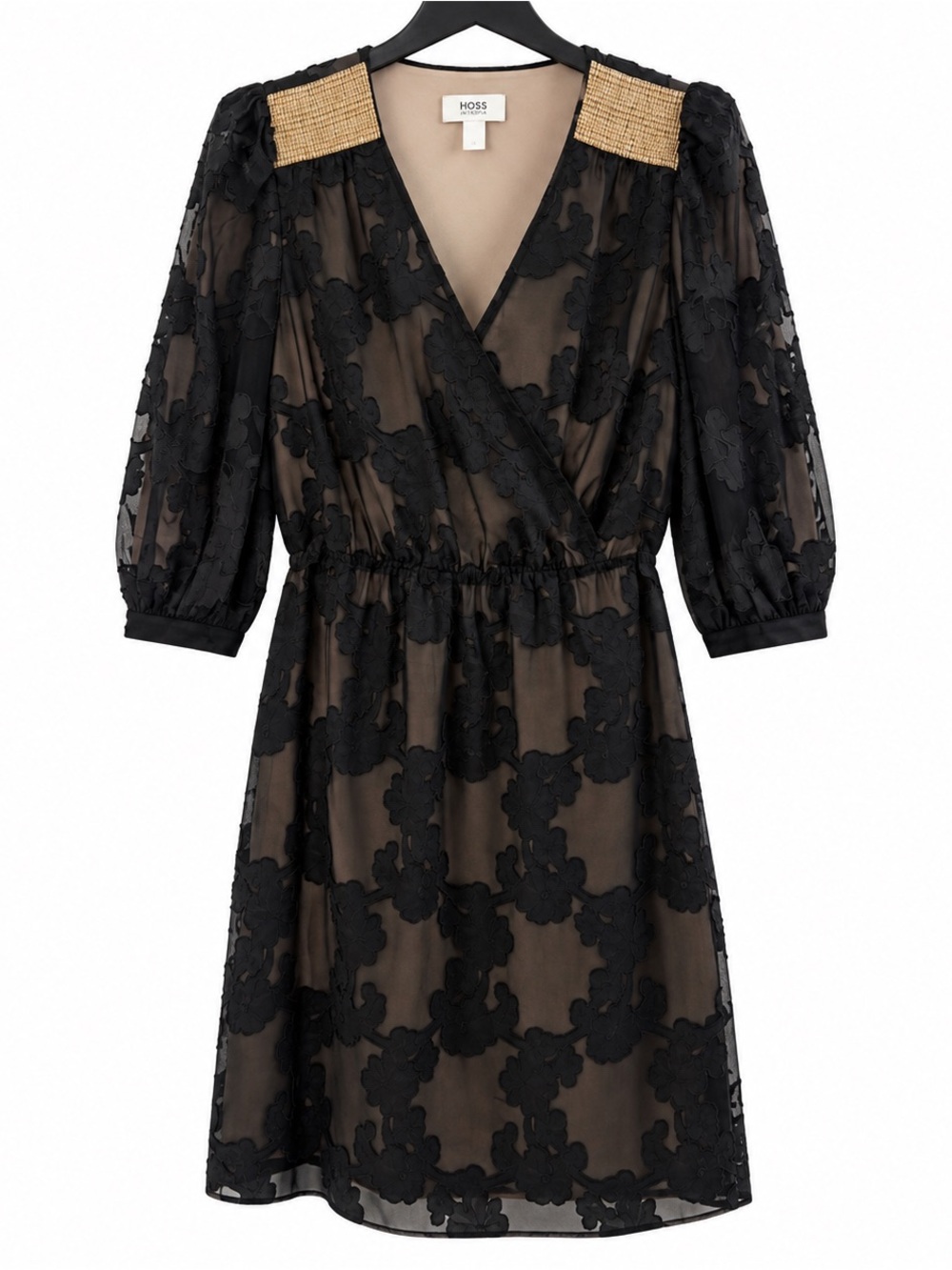 Hoss Intropia Black Floral Cocktail Dress Gold Beaded Shoulder Size 12